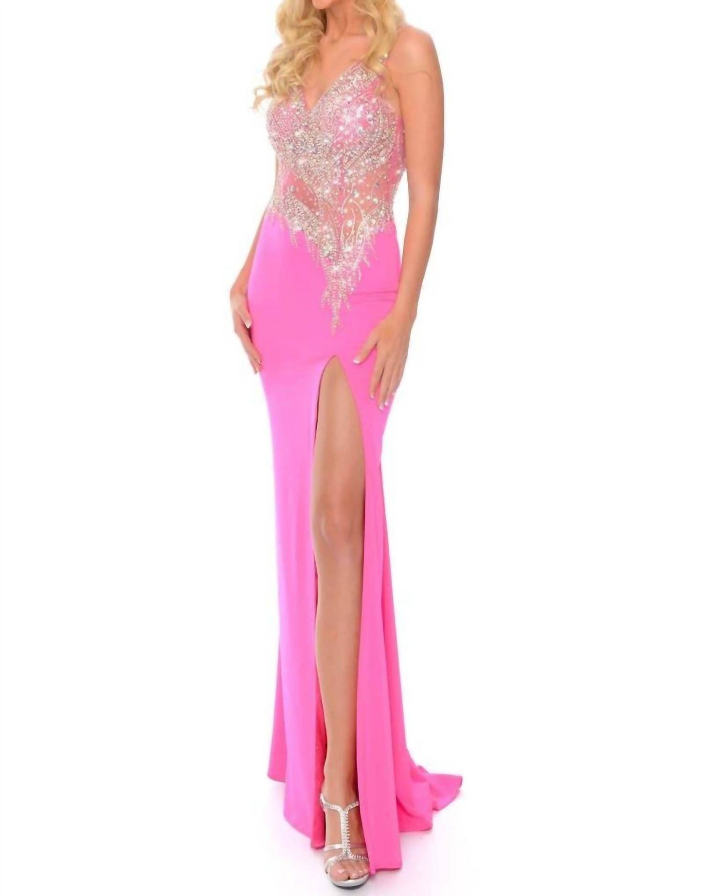Precious Formals - Beaded Mesh Stretch Crepe Evening Gown - Rack Hunt -