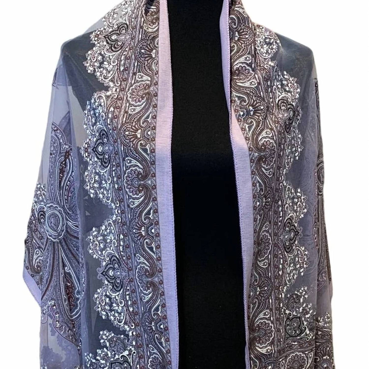 Women's Floral Paisley Silver Glitter Fringed Sheer Lightweight Fashion Scarf