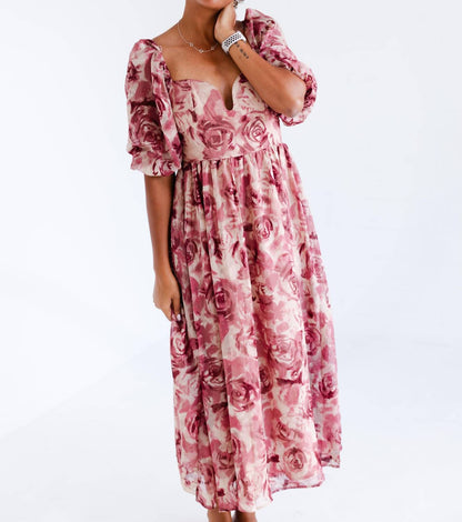 Women's Floral Textured Jacquared Midi Dress