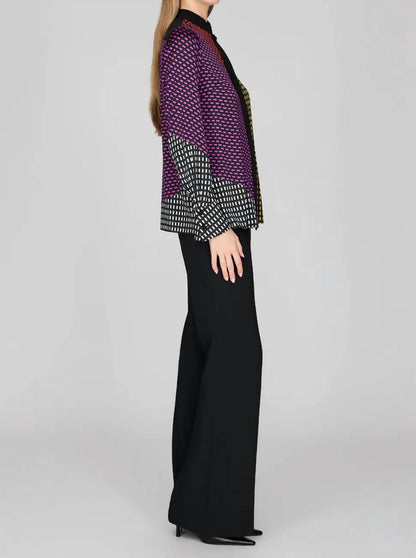 Stitch Print Silk Mandarin Collar Blouse with Relaxed Sleeve