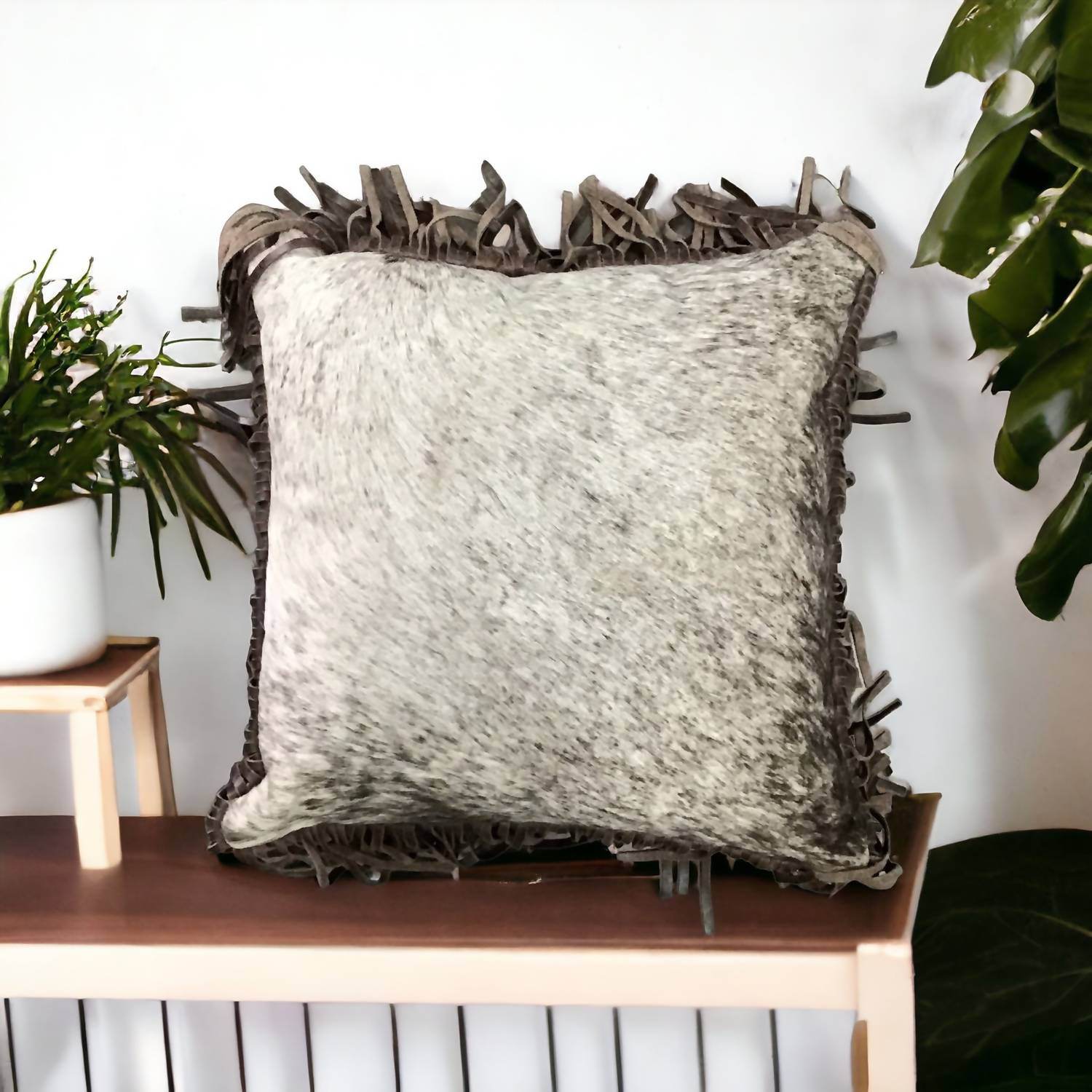 Wooded River - Cowhide & Leather Fringe Pillow - Rack Hunt