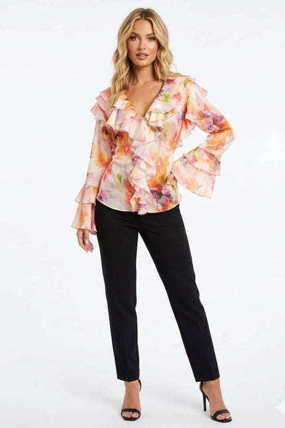 Vibrant Abstract Floral Ruffle Statement Blouse