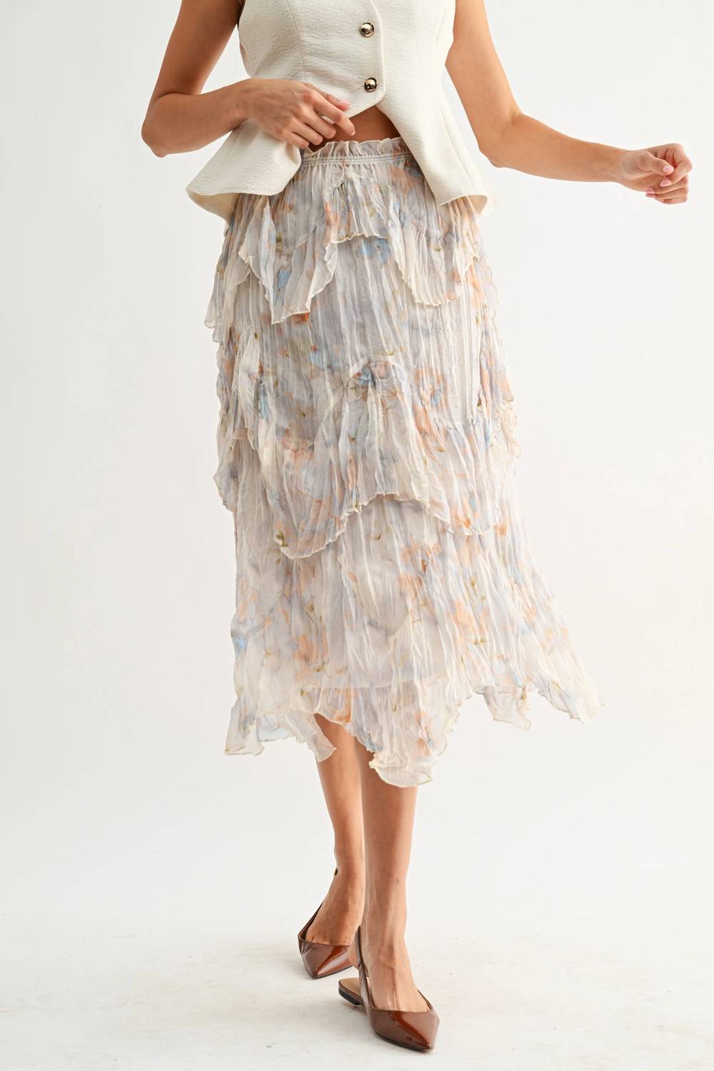 Layered Midi Skirt With Watercolor Floral Print