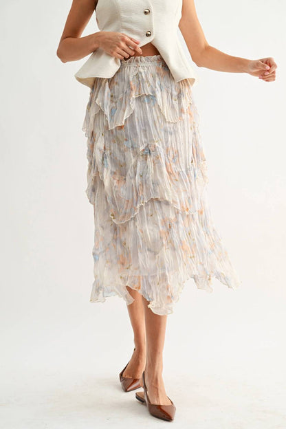 Layered Midi Skirt With Watercolor Floral Print