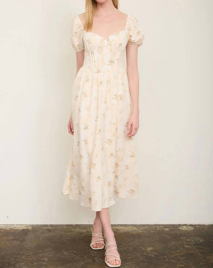 Floral Sweetheart Puff Sleeve Corset Midi Dress