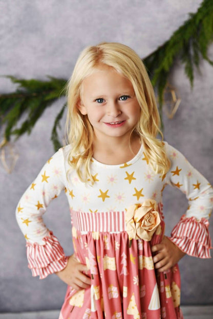 Girls Winter Holiday Christmas Tree Rosette Dress