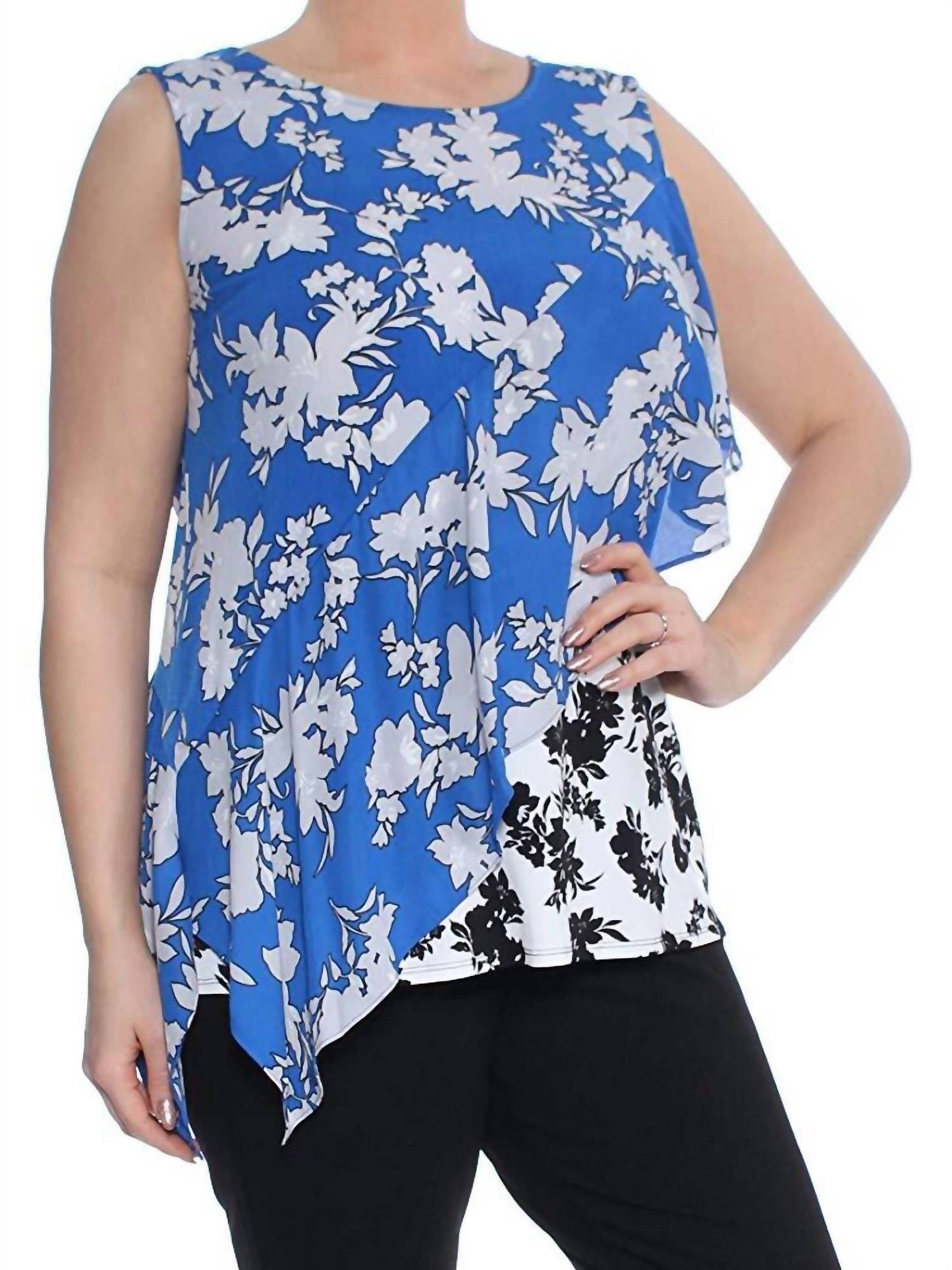 Asymmetrical Mixed print Sleeveless Jewel Neck Top