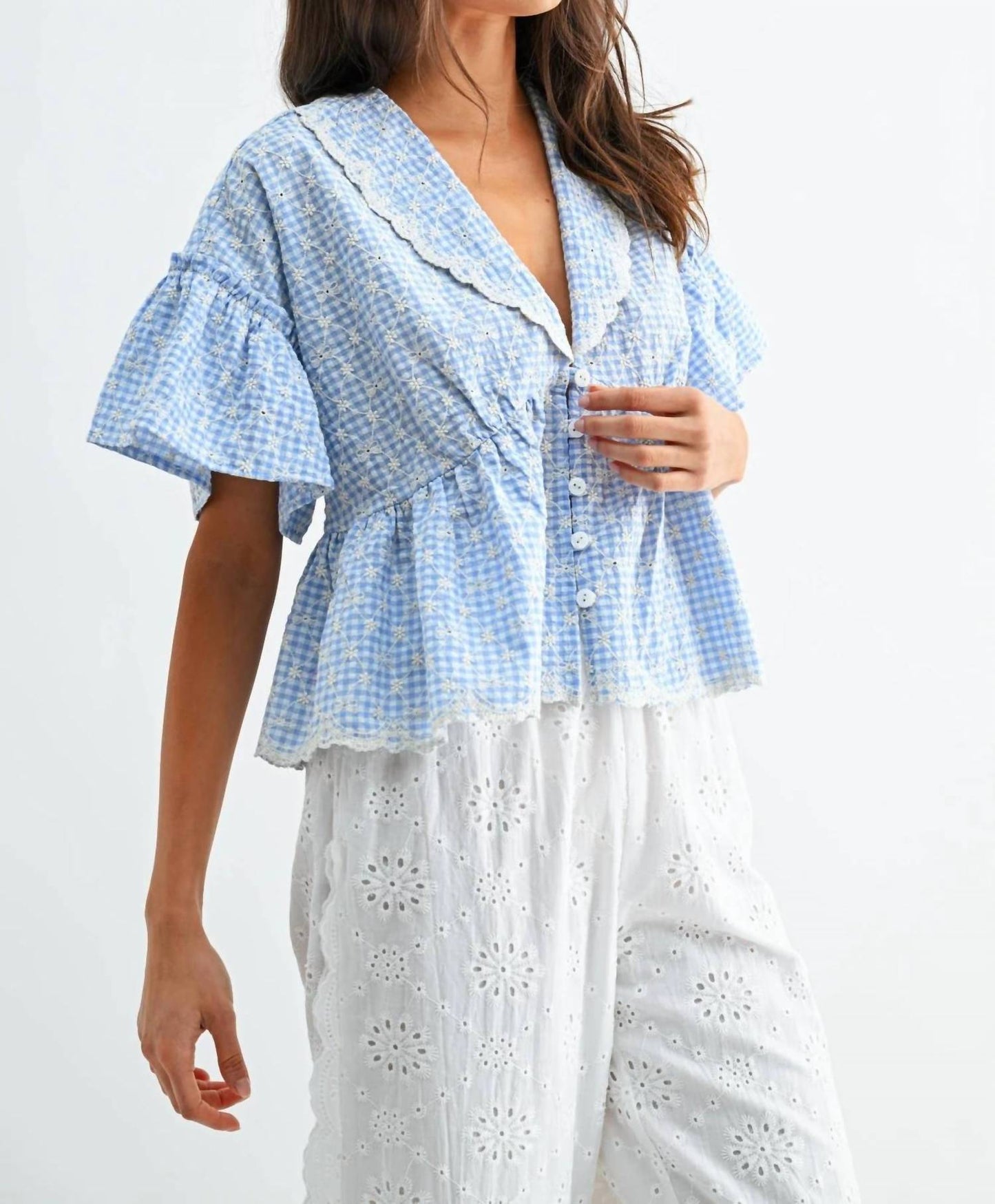 Sky Button Front Short Sleeve Top