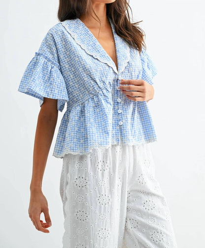 Sky Button Front Short Sleeve Top