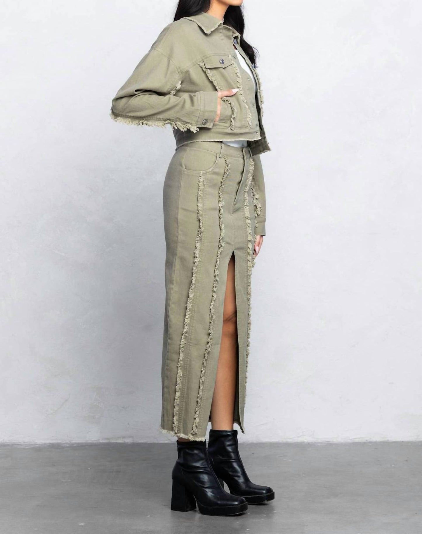 Kristi Frayed Midi Skirt With Center Slit