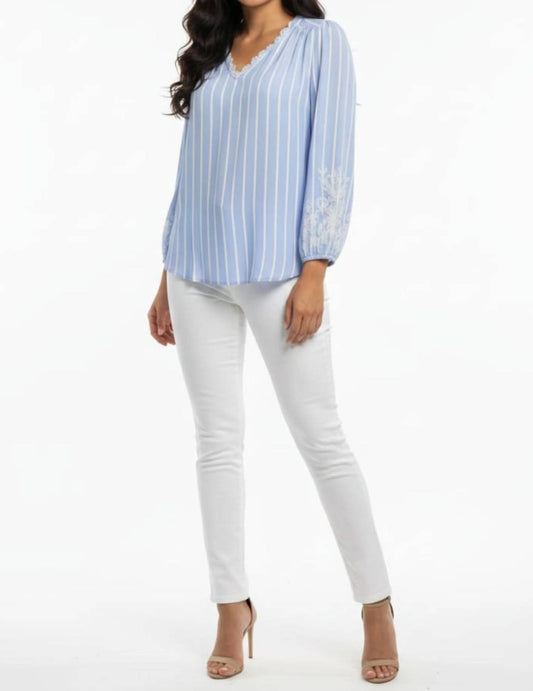 Striped Embroidered V-neck Blouse