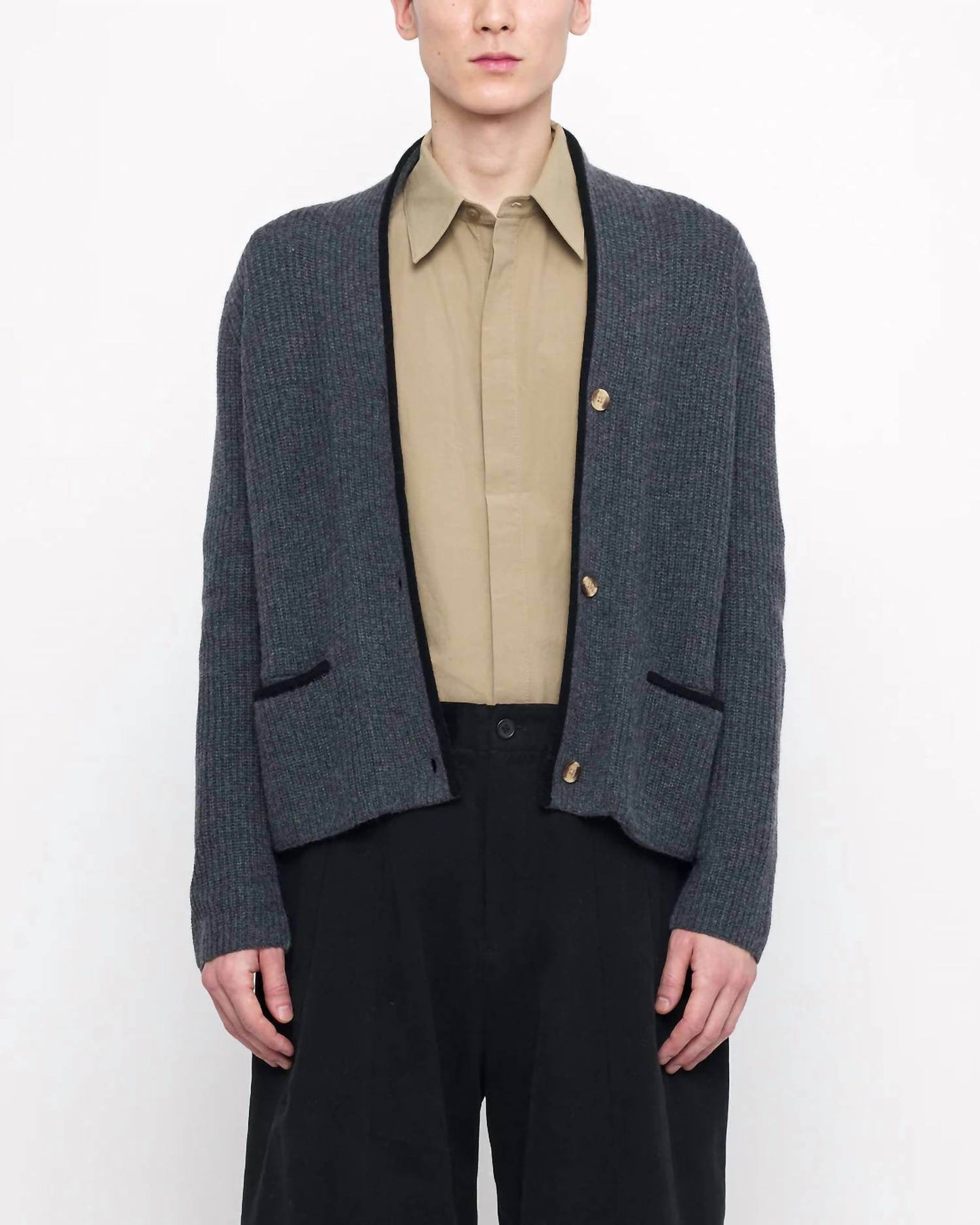 7115 by SZEKI - V-neck Pockets Trimmed Cardigan - Rack Hunt