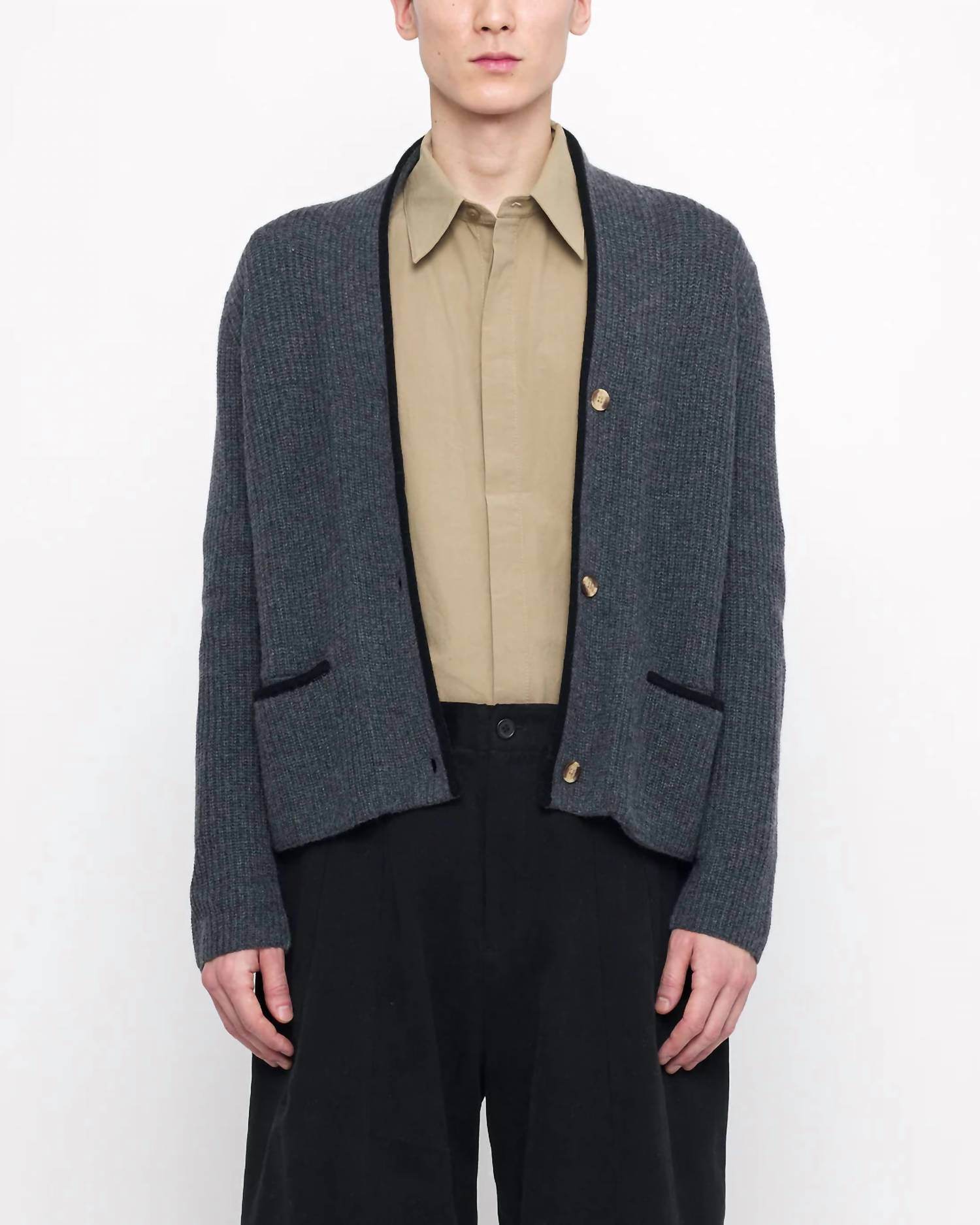 7115 by SZEKI - V-neck Pockets Trimmed Cardigan - Rack Hunt