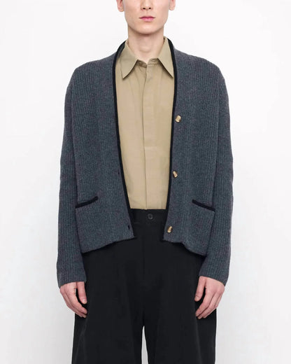 7115 by SZEKI - V-neck Pockets Trimmed Cardigan - Rack Hunt