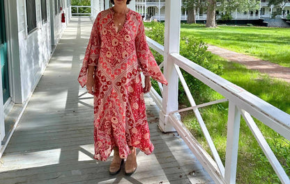 Audrey Printed Butterfly Sleeves Maxi Dress