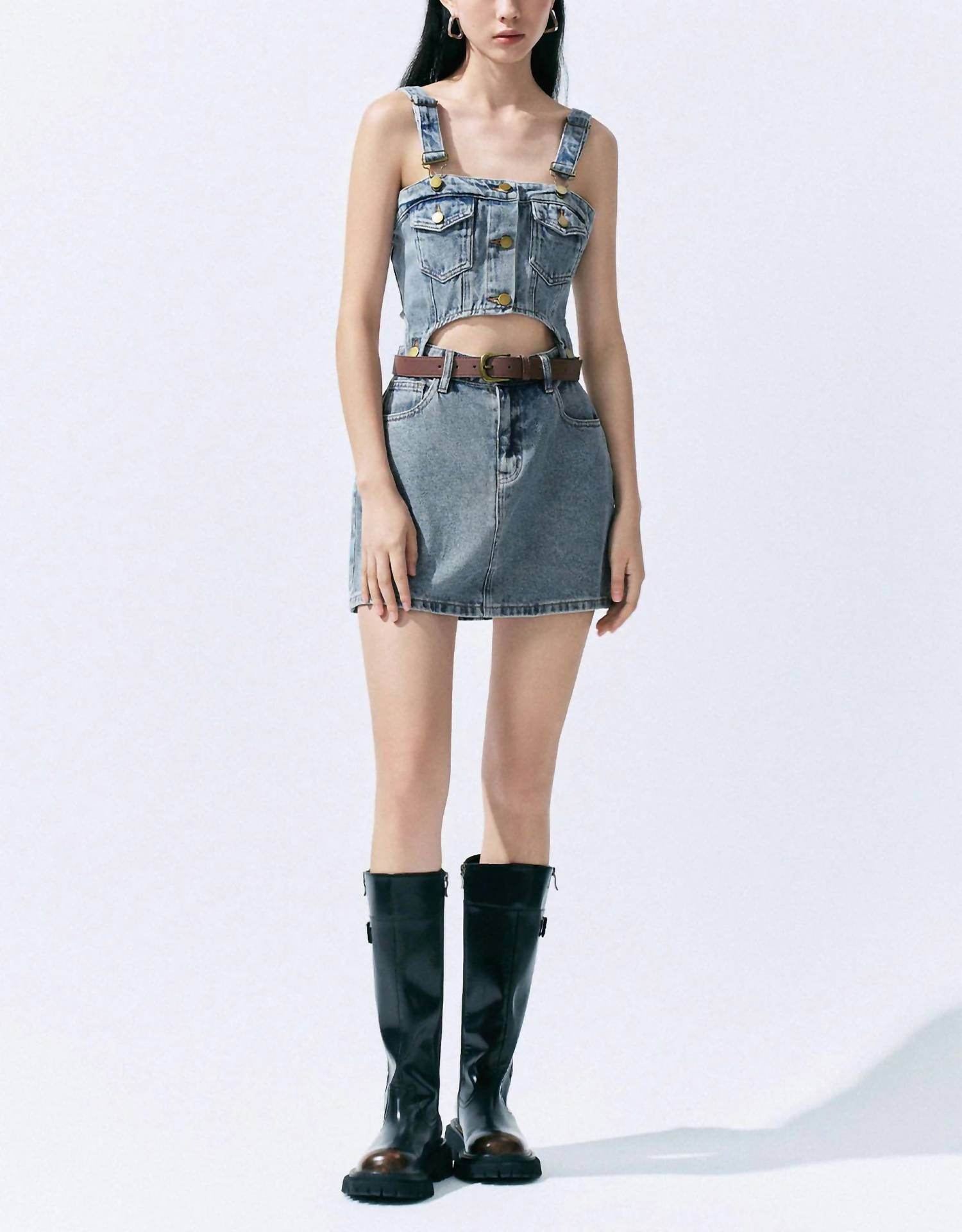 Urban Revivo - 2 In 1 Denim Pinafore Dress - Rack Hunt -