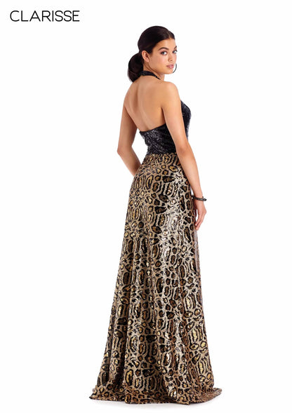 Halter Neck Leopard Print Sequin Evening Gown