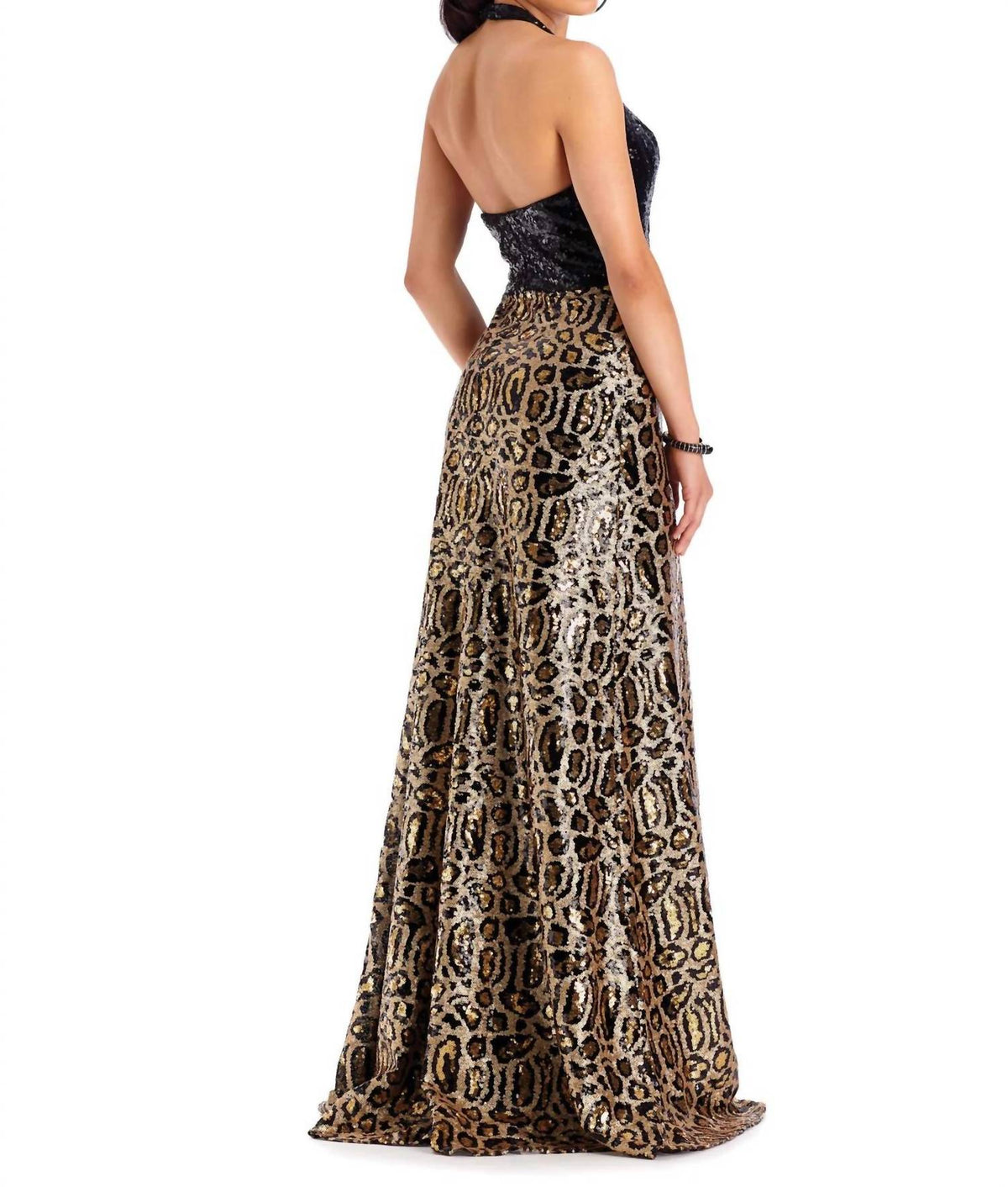 Halter Neck Leopard Print Sequin Evening Gown