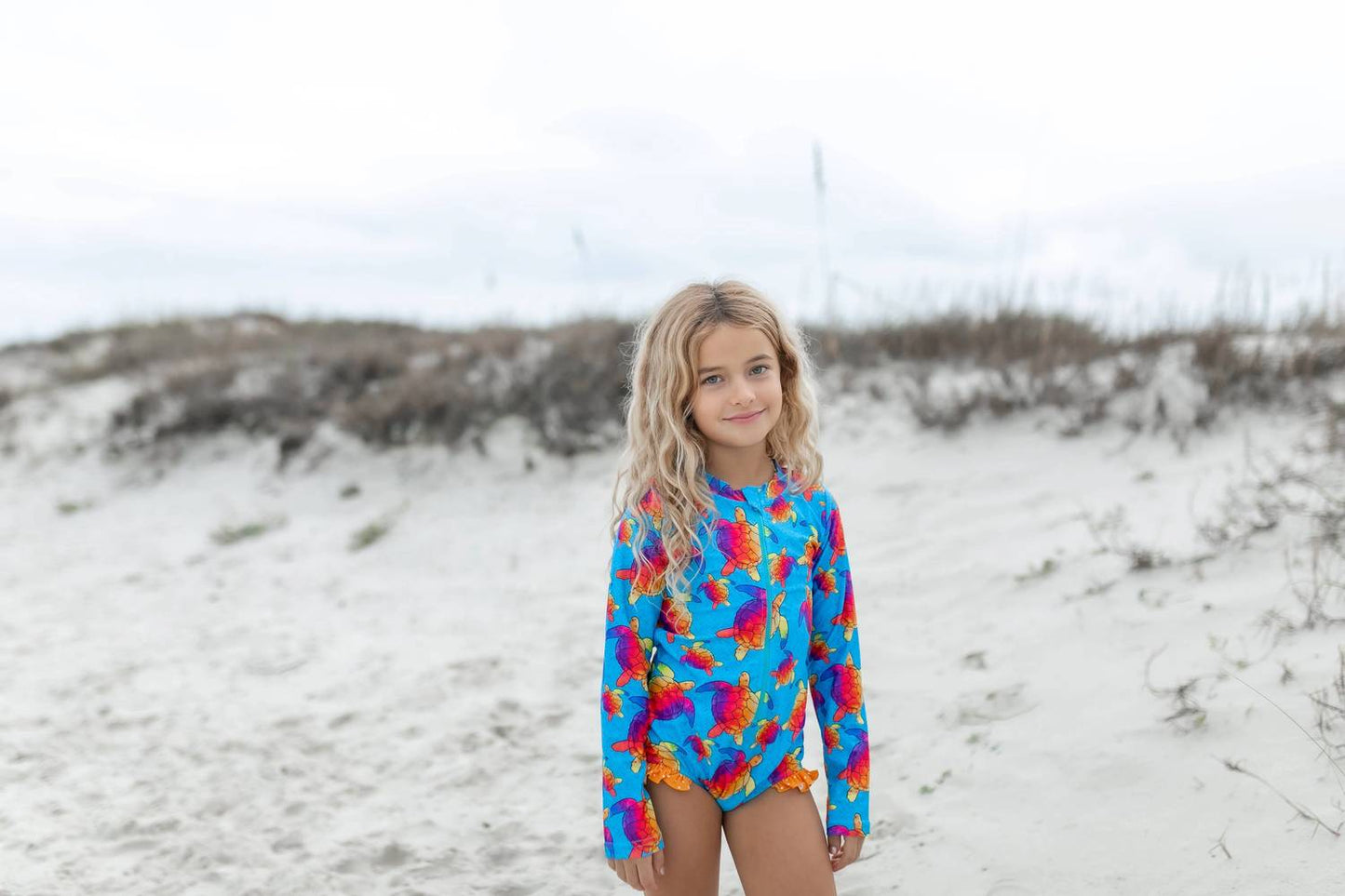 Kid's Rainbow Turtle Zip Rash Guard One Piece Swimsuit