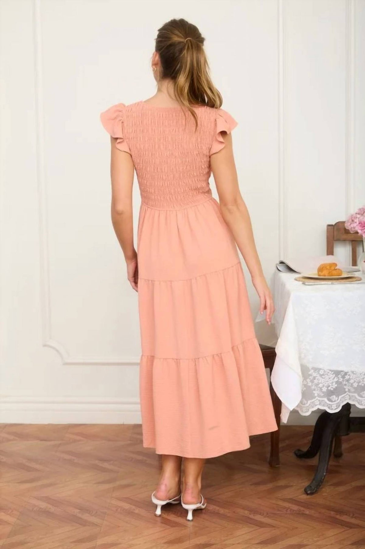 Flutter Sleeve V-neck Smocked Midi Dress
