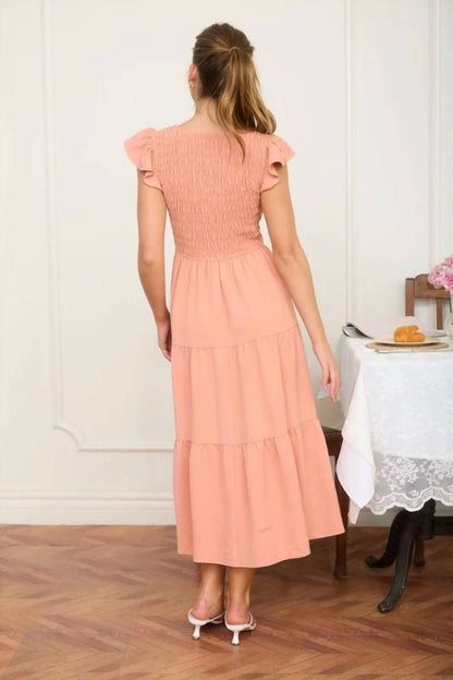 Flutter Sleeve V-neck Smocked Midi Dress