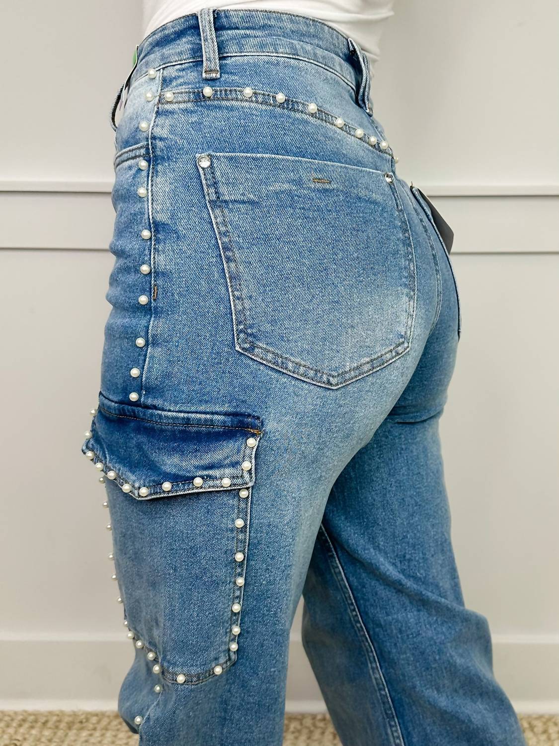 Lauren High-rise Wide Leg Pearl Cargo Jeans