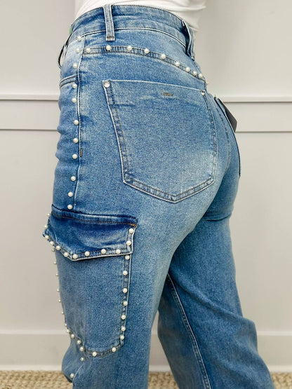Lauren High-rise Wide Leg Pearl Cargo Jeans
