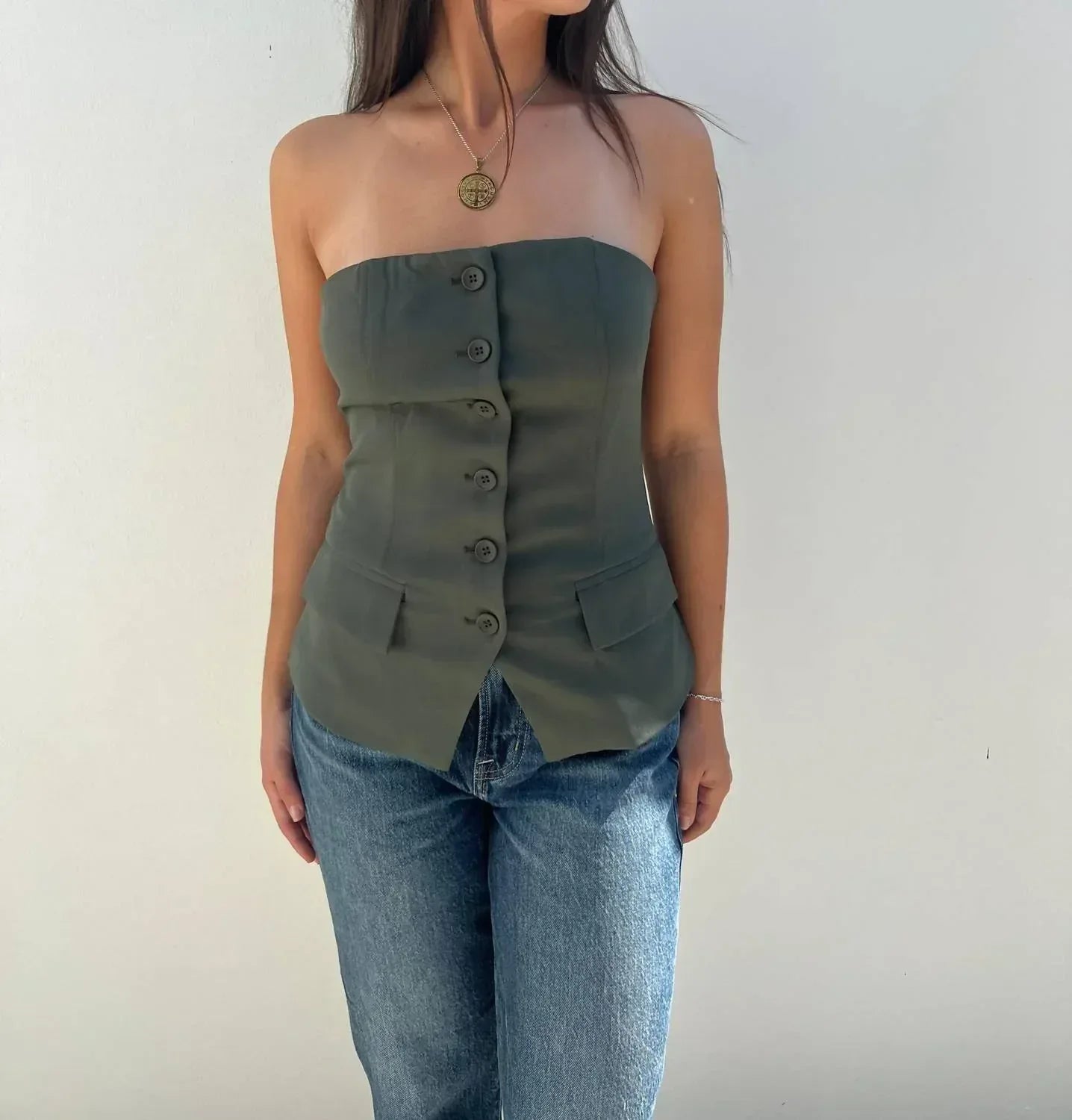 Aiblee - Button Down Olive Bustier Top - Rack Hunt