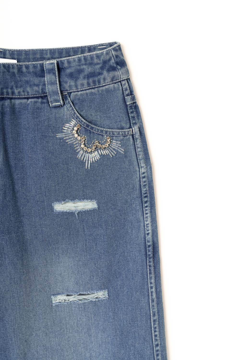 Sasha+Z - Women's Stone Embossed & Distressed Denim Pant - Rack Hunt -