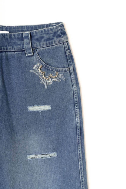 Sasha+Z - Women's Stone Embossed & Distressed Denim Pant - Rack Hunt