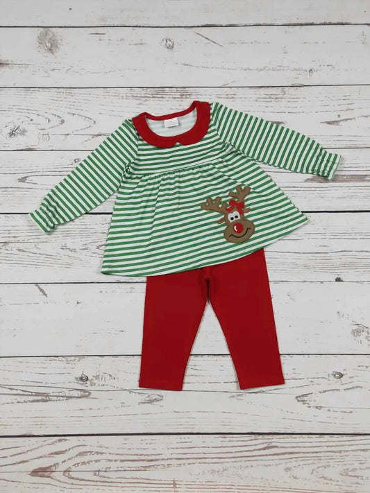 Girls Deer Embroidery Christmas Top Leggings Set