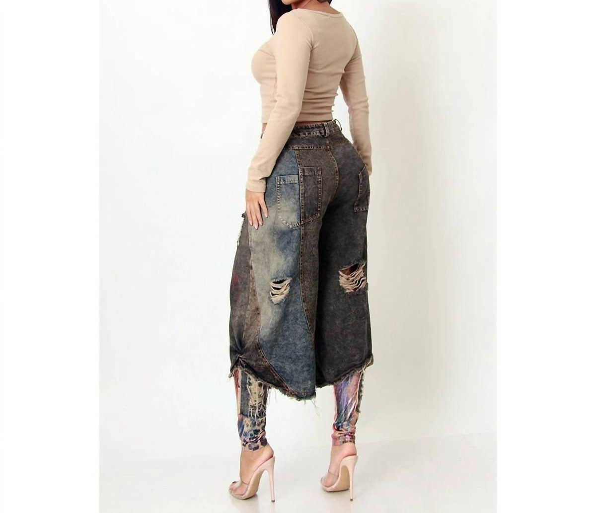 Distressed Denim Baggy Jean With Mesh Leggings
