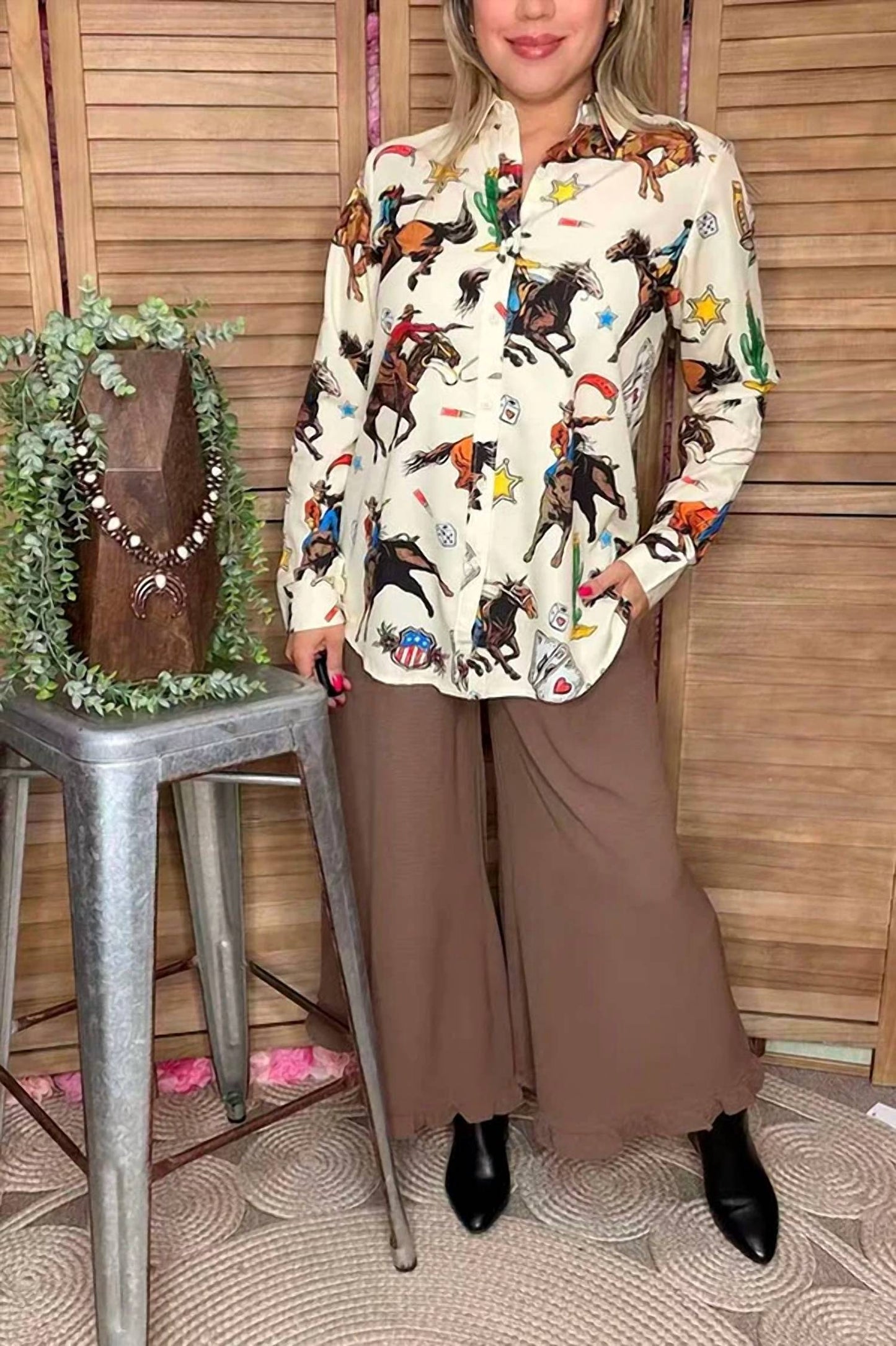 Western Pattern Long Sleeve Shirt - Plus