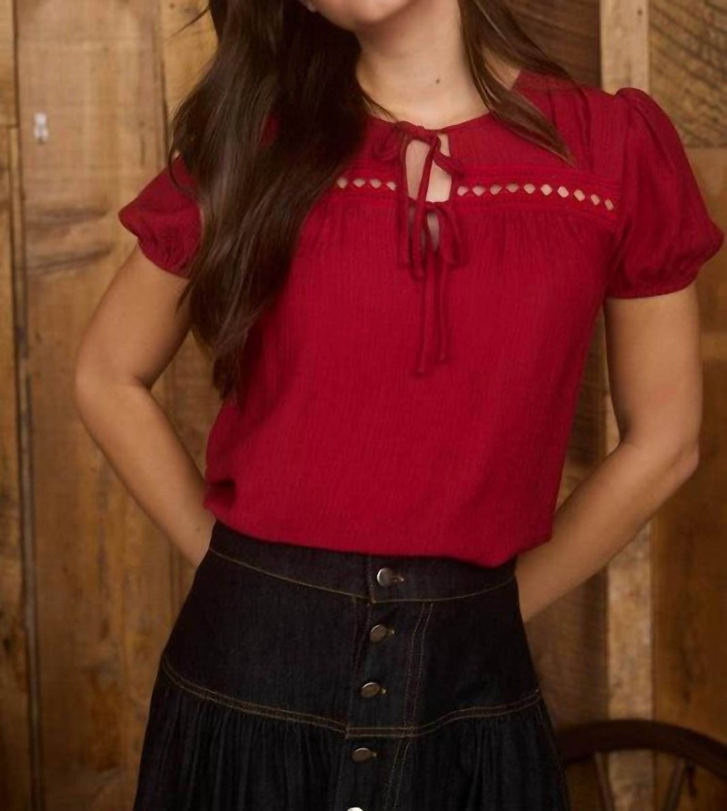 Mine and E&M - Eyelet Lace Trim Double Front Tie Puff Sleeve Top - Rack Hunt -