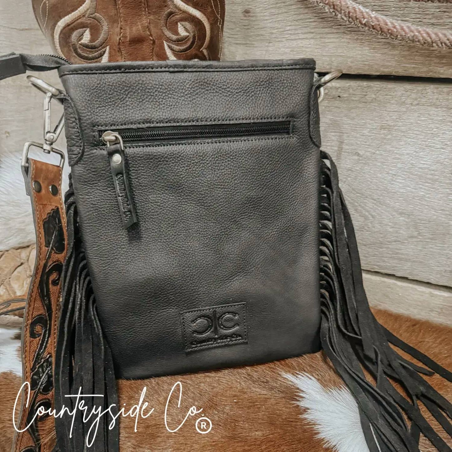 Stockdale Checkered Cowhide Fringe Purse