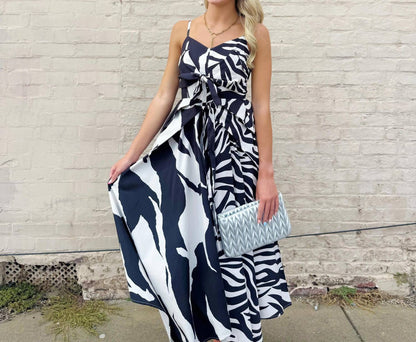 Asymmetric Tie Front Mixed Print Maxi Dress