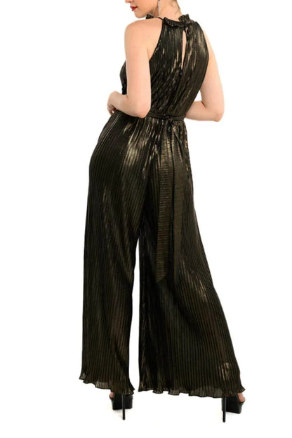 Cenia - Metallic Pleated Wide Leg Jumpsuit - Rack Hunt