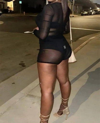 You Need Me Stretchy Mesh Bodysuit Short Set