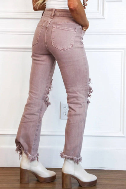 Riva Distressed High Rise Straight Leg Jeans