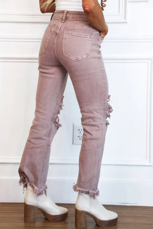 Riva Distressed High Rise Straight Leg Jeans