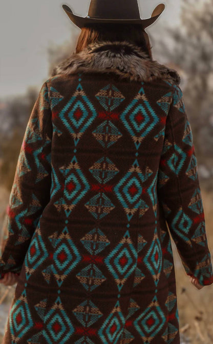 Long Aztec Jacket With Removable Fur Collar