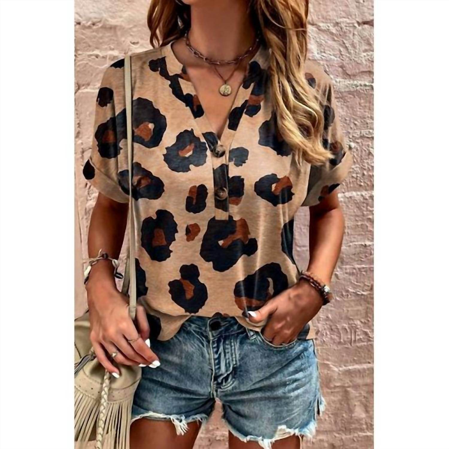 Sephior - Leopard Print V-neck Henley Top - Rack Hunt -