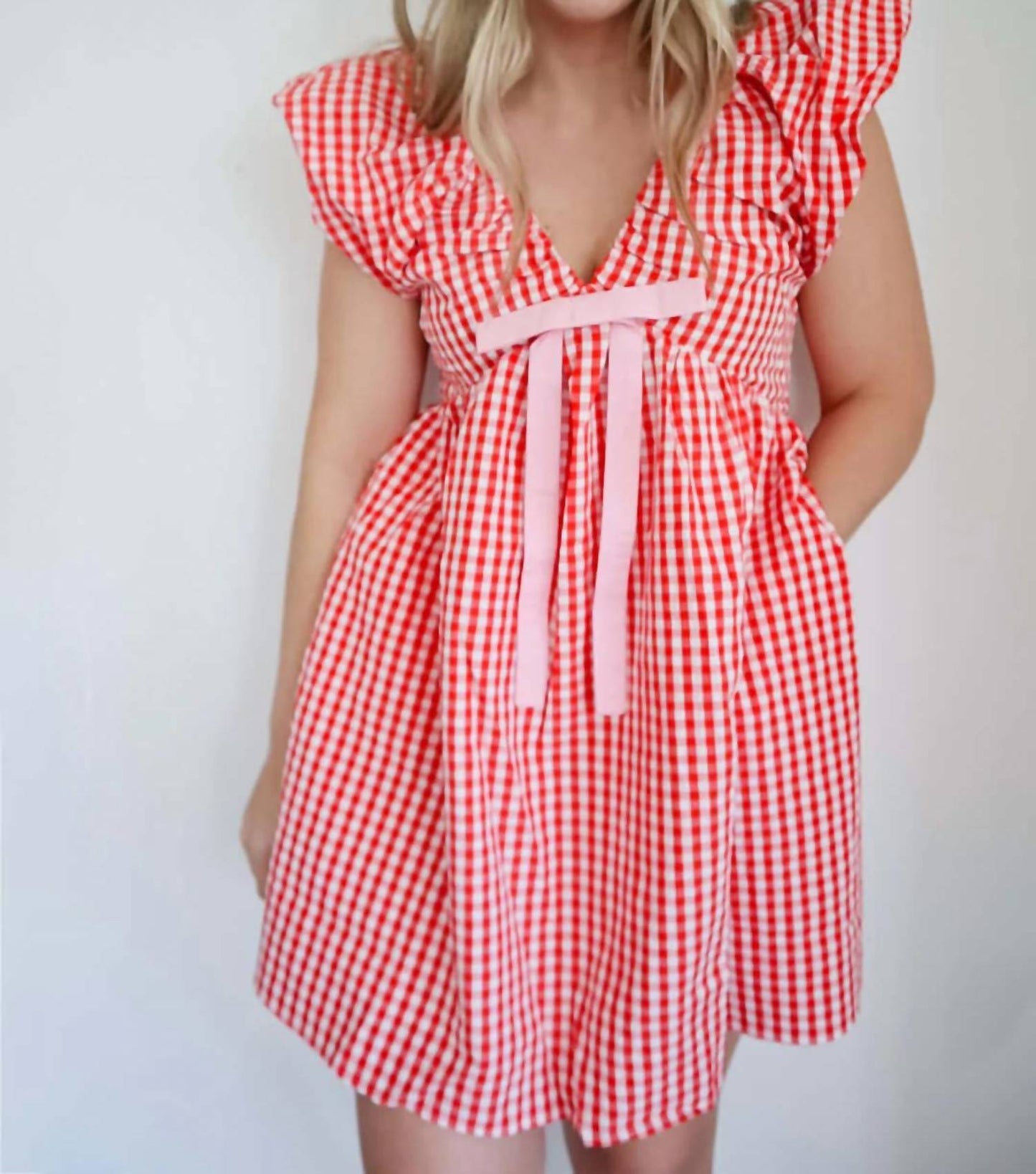 Jenny Gingham Blouson Shoulder Mini Dress