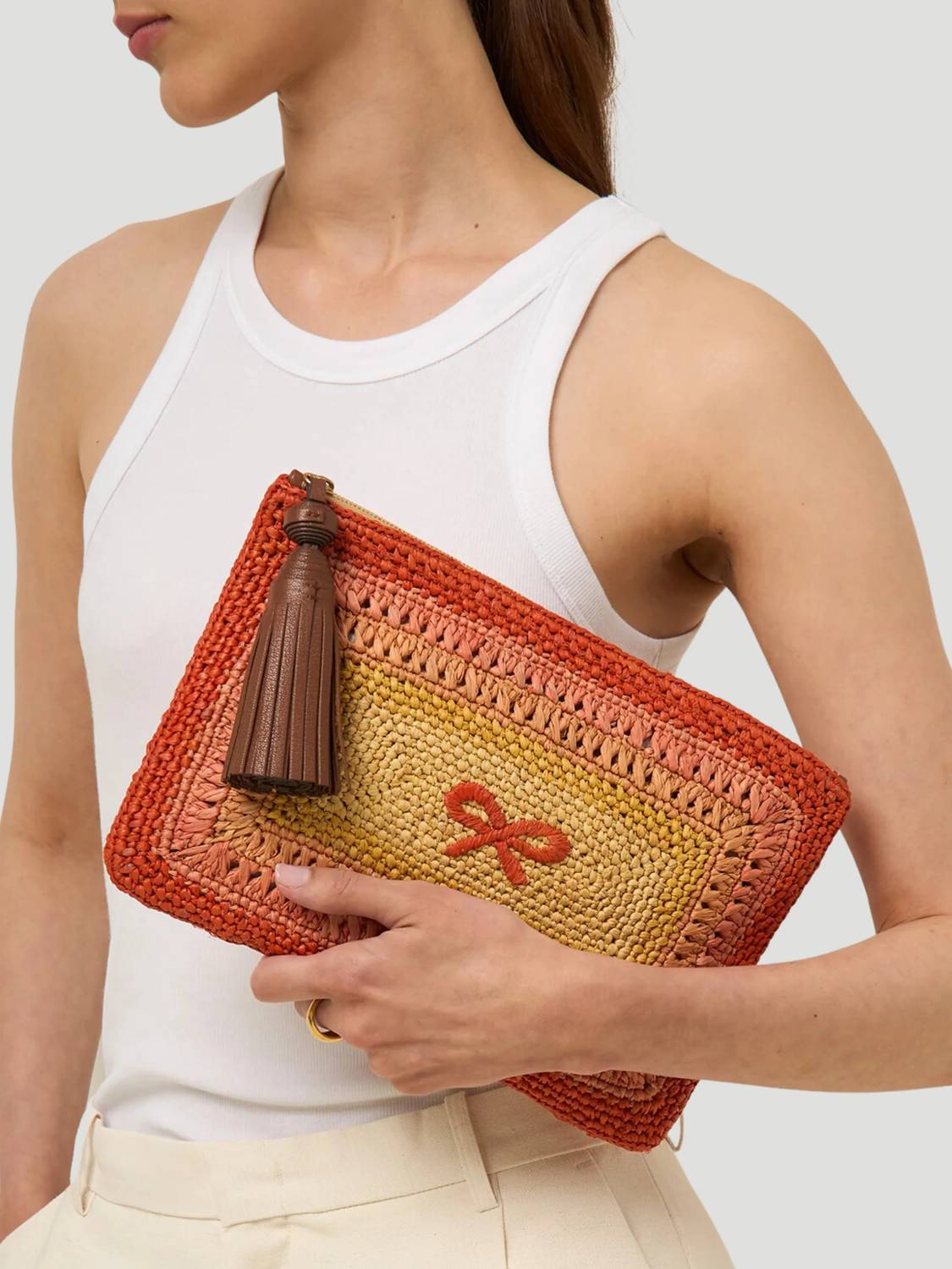 Women's Raffia Tassel Bow Clutch