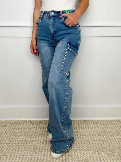 Lauren High-rise Wide Leg Pearl Cargo Jeans
