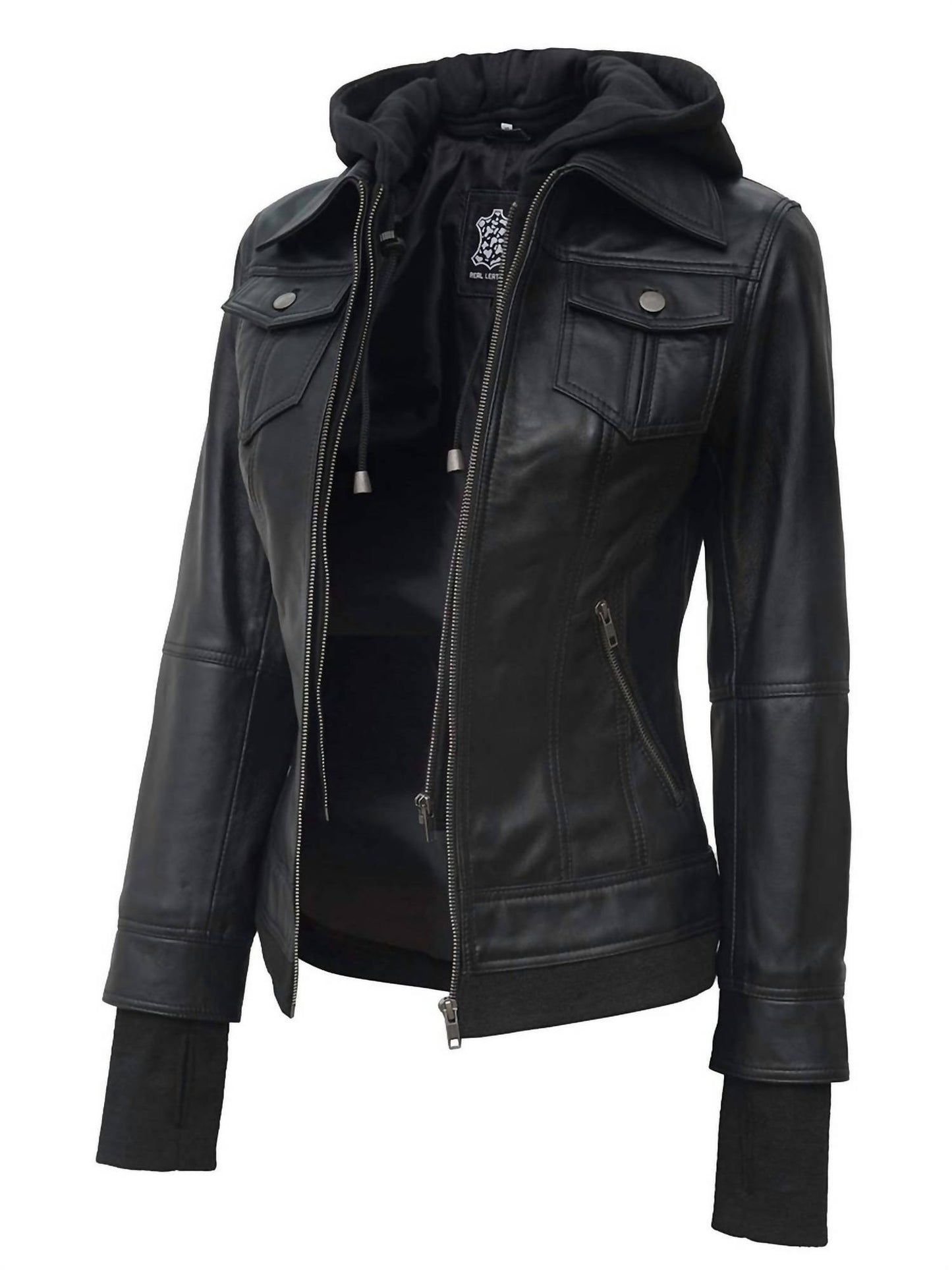 Women's Bomber Leather Jacket With Removable Hood