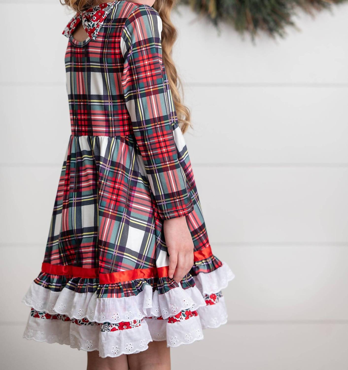Girl's Holiday Christmas Plaid Lace Ruffle Bow Back Dress