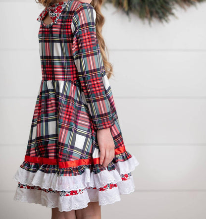 Girl's Holiday Christmas Plaid Lace Ruffle Bow Back Dress
