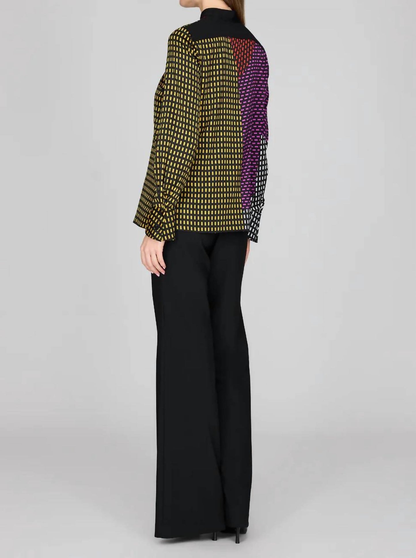 Stitch Print Silk Mandarin Collar Blouse with Relaxed Sleeve