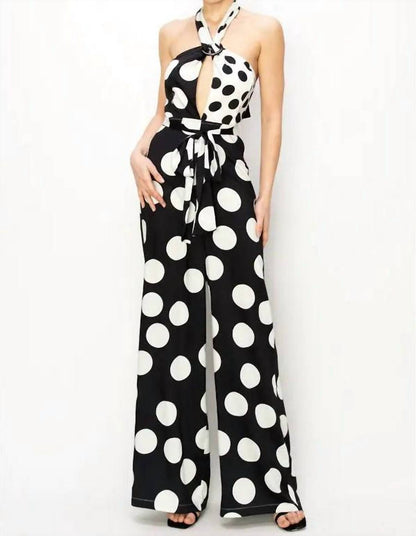O-ring Halter Neck Polka Dot Jumpsuit